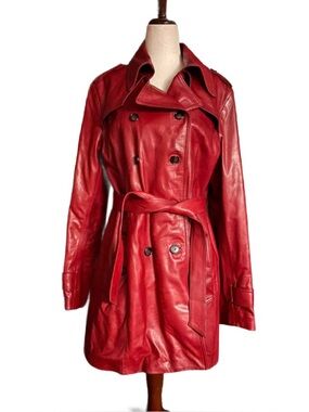 Denis Leather Works ~ Women’s Size Large ~ Red ~ Leather ~ Trench Coat